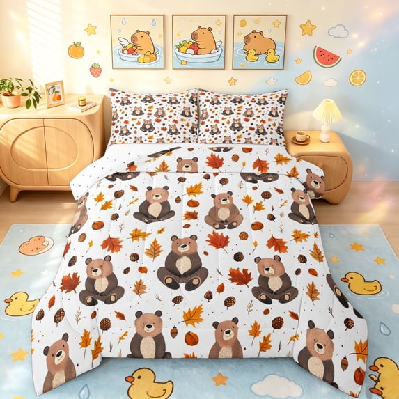 Manfei Cartoon Autumn Bear King Size Comforter Sets, Fall Pine Cone Leaf Comforters King Size, White Tan, Reversible, 3pcs, 1 Comforter and 2 Pillowcases