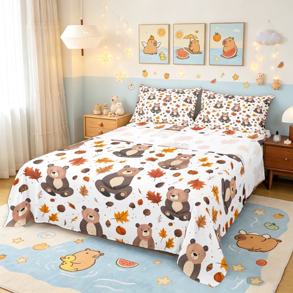 Manfei Cartoon Autumn Bear Queen Sheets, Fall Pine Cone Leaf Queen Sheet Sets, White Tan, 4pcs, 1 Flat Sheet, 1 Fitted Sheet and 2 Pillowcases