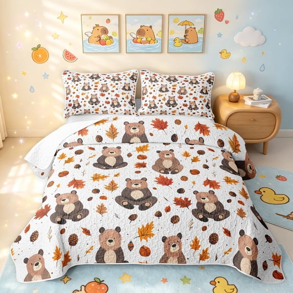 Manfei Cartoon Autumn Bear Twin Quilt Set, Fall Pine Cone Leaf Twin Coverlet Set, White Tan, Reversible, 2pcs, 1 Bedspread and 1 Pillowcase