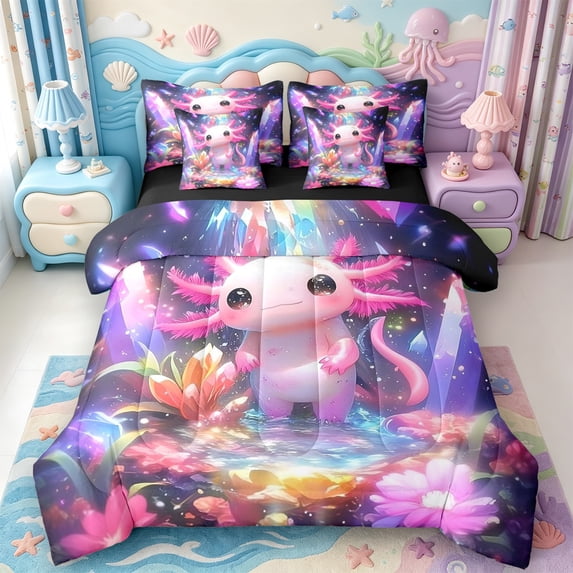 Manfei Cartoon Axolotl 7-Piece King Bedding,Watercolor Salamander Print King Bed in a Bag,Black Reversible
