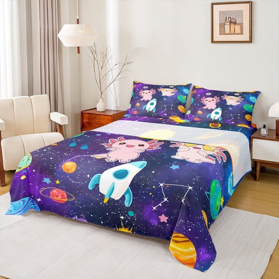 Manfei Cartoon Axolotl Bed Sheets 4pcs for Kids, Cosmos Outer Space King Sheets, Nebula Astrology Planets Sheet Set, Ultra Soft Home Decor