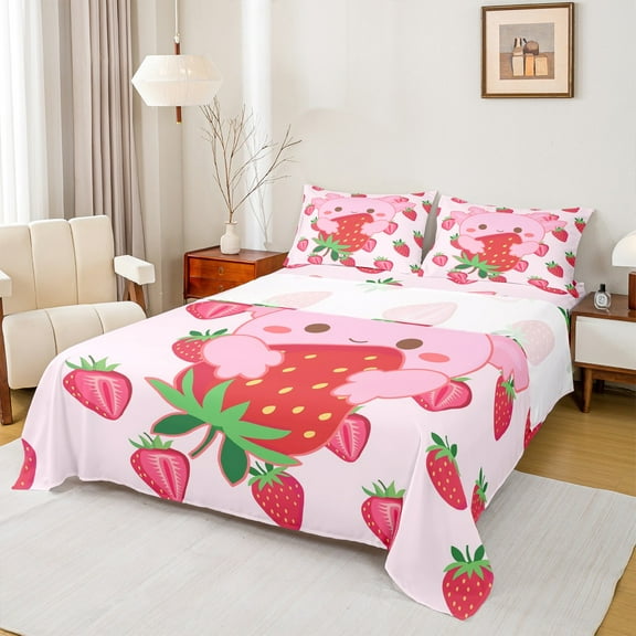 Manfei Cartoon Axolotl Bed Sheets,Kawaii Strawberry King Sheets,Pink Red White Sheet Set For Girls,Luxury Bedroom Decor,4-Piece