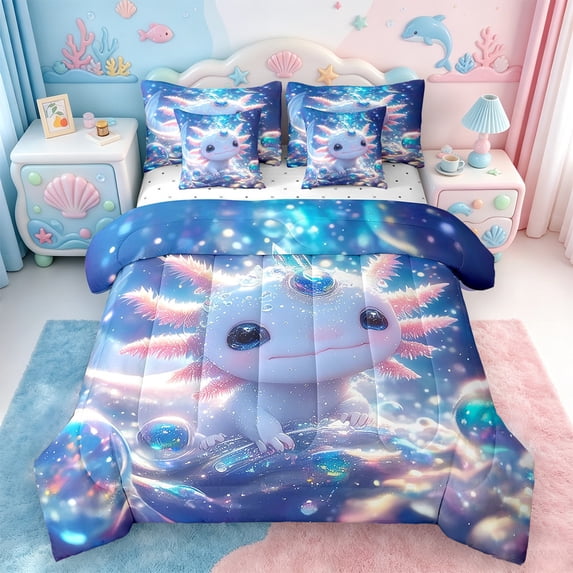 Manfei Cartoon Axolotl Bed in a Bag King Size,Magic Animal Bed Set,Glitter Print Bedding King Size,Breathable Room Decorative Reversible,7 Pieces