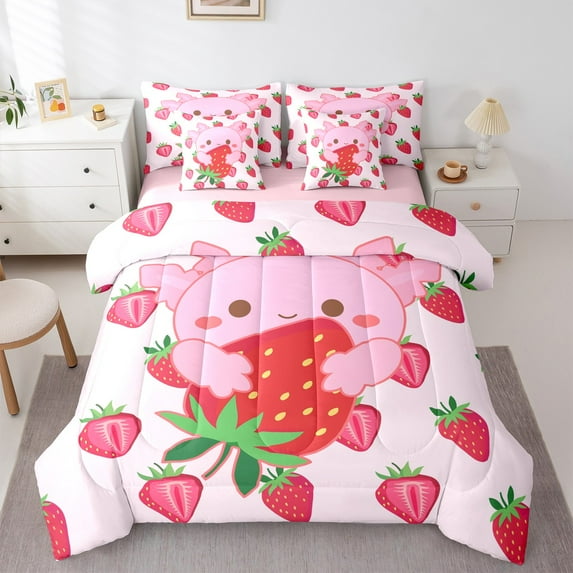 Manfei Cartoon Axolotl Bedding Comforter Set 7pcs,Kawaii Strawberry Queen Bedding Sets,Pink Red White Queen Sheet Sets For Girls,Luxury Bedroom Decor Reversible