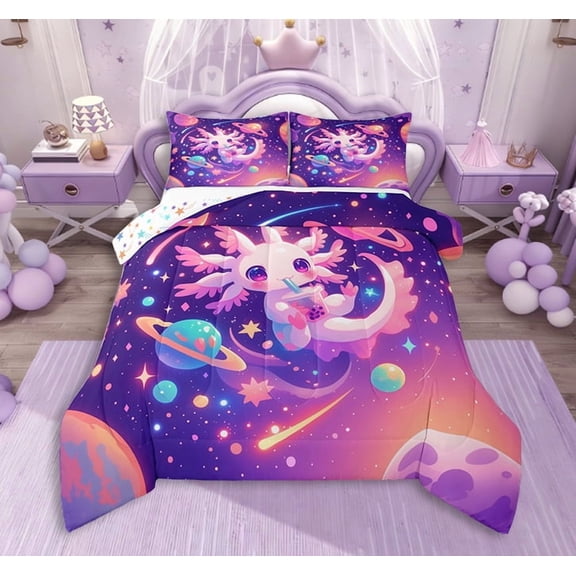 Feelyou Cartoon Axolotl Bedding Comforter Set, Planet Stars Print Twin Comforter Sets, Dreamy Animals Bedding Set, Microfiber Bedroom Decorative, 2-Piece