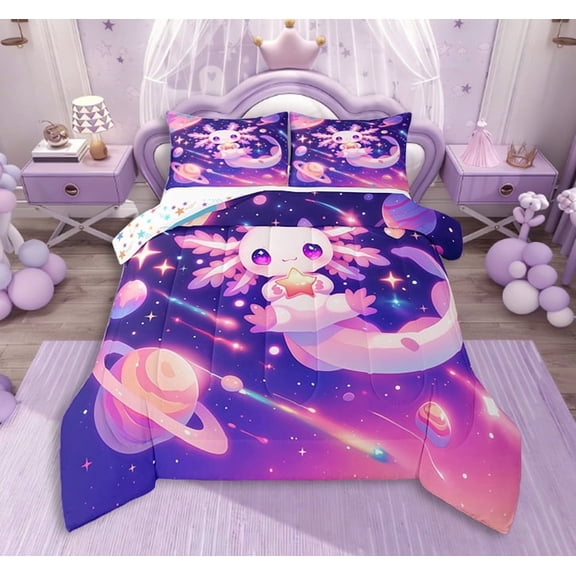 Feelyou Cartoon Axolotl Bedding Comforter Set, Planet Stars Print Twin Comforter Sets, Dreamy Animals Bedding Set, Ultra Soft Room Decoration, 2pcs