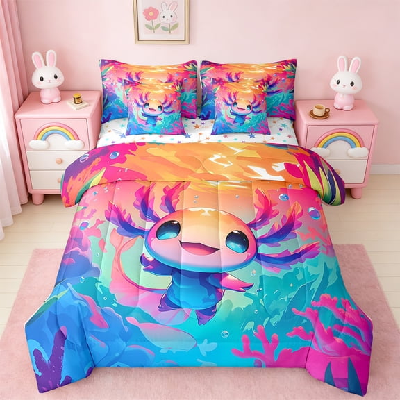 Manfei Cartoon Axolotl Bedding Sets Twin Size,Magic Animal Comforter Sets with Sheets,Colorful Ocean World Bed in a Bag Twin Size,Breathable Room Decorative Reversible,7-Piece