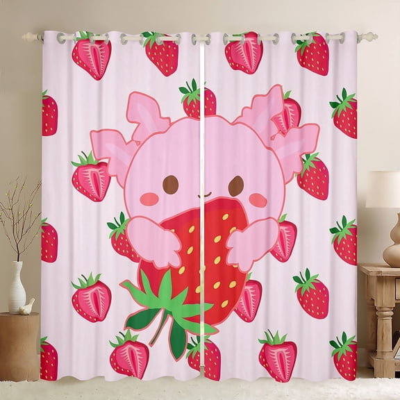 Manfei Cartoon Axolotl Blackout Curtains,Kawaii Strawberry Curtains Pack of 2 (38x45 Each),Pink Red White Window Curtains For Girls,Luxury Bedroom Decor