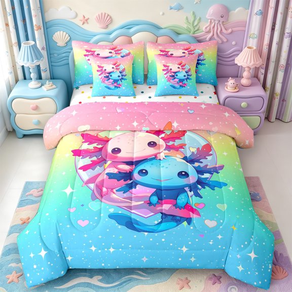 Manfei Cartoon Axolotl Print 7-Piece Twin Bedding,3D Printed Amphibian Bedding Comforter Set,Polkadot Reversible