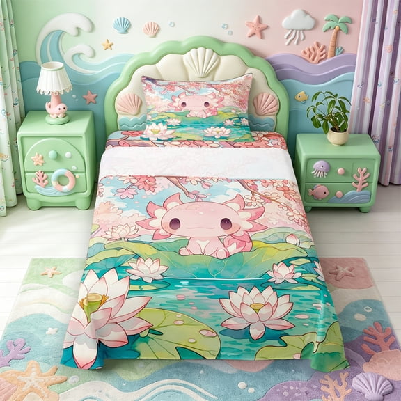 Manfei Cartoon Axolotl Print Twin Sheets,3D Printed Animal Bedding,3-Piece,1 Flat Sheet,1 Fitted Sheet and 1 Pillowcase