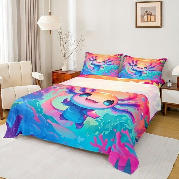 Manfei Cartoon Axolotl Queen Sheet Sets,Magic Animal Bedding Queen Size,Colorful Ocean World Bed Sheets Set Queen Size,Breathable Room Decorative,4pcs