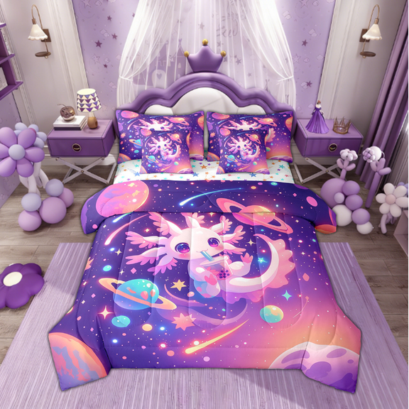 Feelyou Cartoon Axolotl Twin Bedding Sets 7-Piece, Planet Stars Print Bedding Comforter Set, Dreamy Animals Sheet Sets, Microfiber Bedroom Decorative