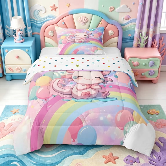 Manfei Cartoon Axolotl Twin Comforter Sets,Colorful Salamander Bedding Set,Polkadot Reversible,2pcs,1 Comforter and 1 Pillowcase