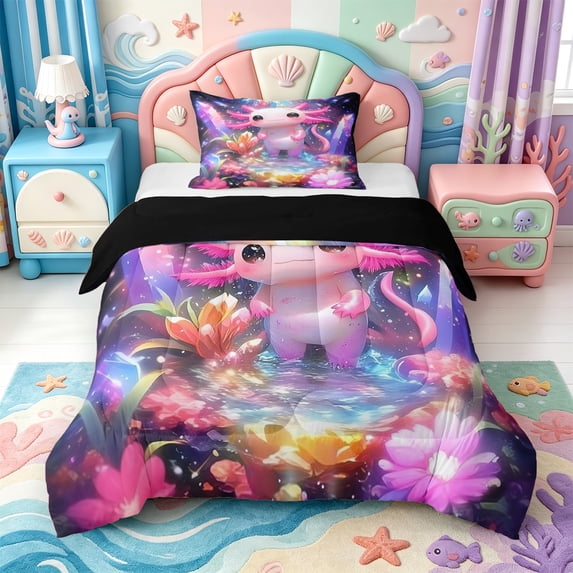 Manfei Cartoon Axolotl Twin Comforter Sets,Watercolor Salamander Print Bedding Set,Black Reversible,2pcs,1 Comforter and 1 Pillowcase