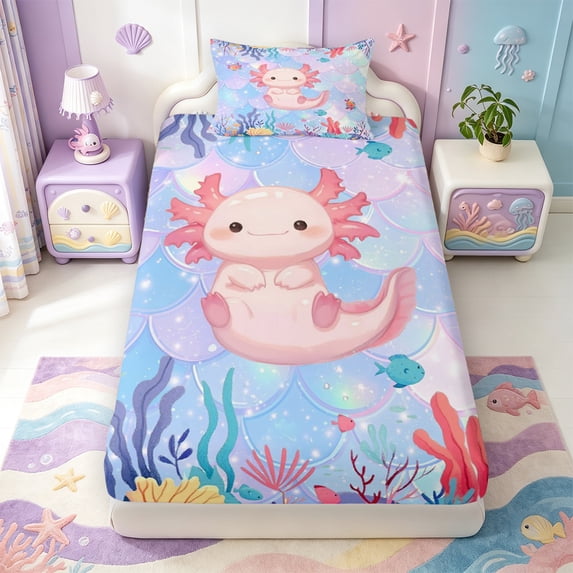 Manfei Cartoon Axolotl Twin Fitted Sheet,Watercolor Animals Pattern Bedding,2pcs,1 Fitted Sheet and 1 Pillowcase
