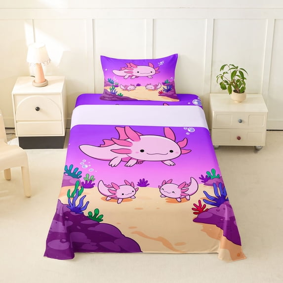 Manfei Cartoon Axolotl Twin Sheets,Underwater Scene Bedding For Girls,Purple Pink,3 Pieces,1 Fitted Sheet and 1 Pillowcase