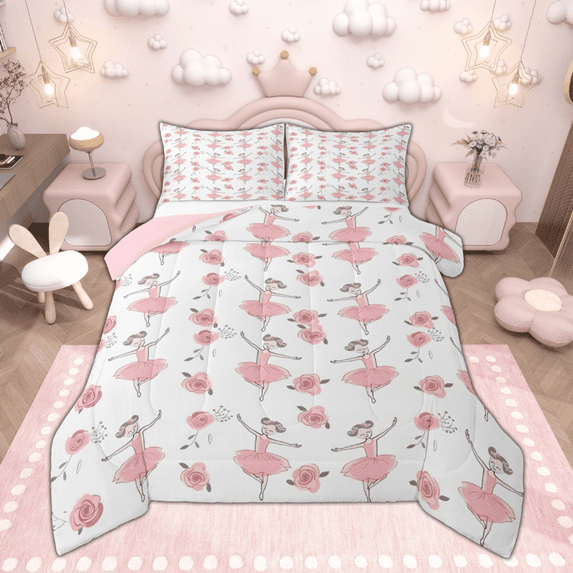 Manfei Cartoon Ballet Girl Bedding Comforter Set, Dance Princess Twin Comforter Sets, Chic Pink Floral Bedding Set, Super Cozy Room Decor Reversible 2-Piece