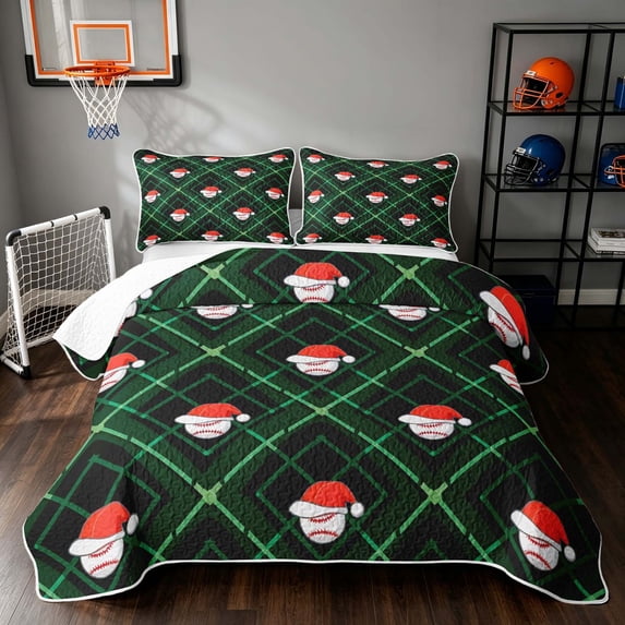 Manfei Cartoon Baseball Bed Spread Queen, Christmas Queen Coverlet Set, Dark Green Red, Black Reversible 3-Piece, 1 Quilt and 2 Pillowcases