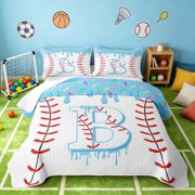 Manfei Cartoon Baseball Bed Spread Queen, Kawaii Letter BQueen Coverlet Set, Light Blue B, Polka Dots Reversible 3 Pieces, 1 Quilt and 2 Pillowcases