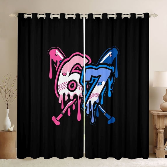 Manfei Cartoon Baseball Blackout Curtains, 67 Sport Window Curtains Pack of 2 (38x45 Each), Black Pink Blue