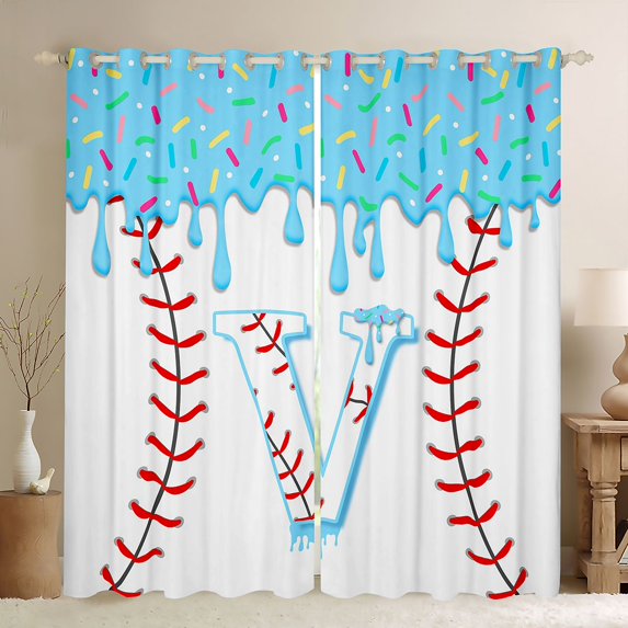 Manfei Cartoon Baseball Curtains and Drapes Pack of 2 (52x63 Each), Kawaii Letter VBlack Out Curtains, Light Blue V