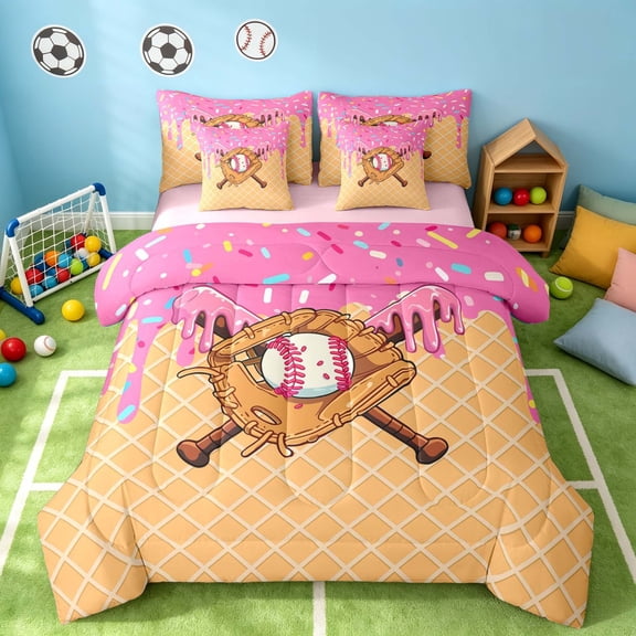 Manfei Cartoon Baseball Full Size Bedding Sets, Sports Full Size Bed in a Bag, Hot Pink Brown Cream, Pink Reversible 7-Piece