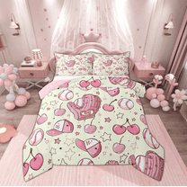 Manfei Cartoon Baseball Glove Bedding Comforter Set, Yellow Pink Twin Comforter Sets, Kawaii Stars Cherry Print Reversible Bedding Set, Lightweight Room Decor, 2-Piece