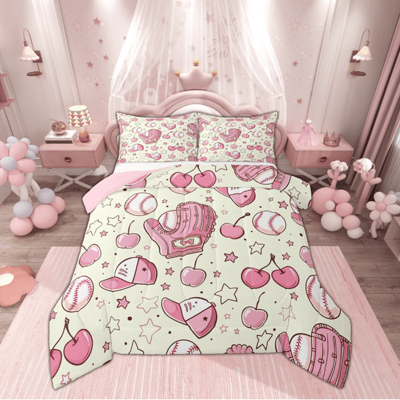 Manfei Cartoon Baseball Glove Bedding Comforter Set, Yellow Pink Twin Comforter Sets, Kawaii Stars Cherry Print Reversible Bedding Set, Lightweight Room Decor, 2-Piece