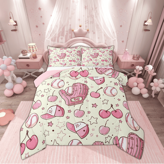 Manfei Cartoon Baseball Glove Bedding Comforter Set, Yellow Pink Twin Comforter Sets, Kawaii Stars Cherry Print Reversible Bedding Set, Lightweight Room Decor, 2-Piece