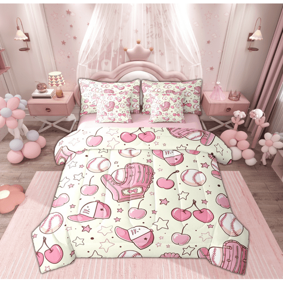 Manfei Cartoon Baseball Glove Twin Bedding Sets 7-Piece, Yellow Pink Bedding Comforter Set, Kawaii Stars Cherry Print Reversible Sheet Sets, Lightweight Room Decor