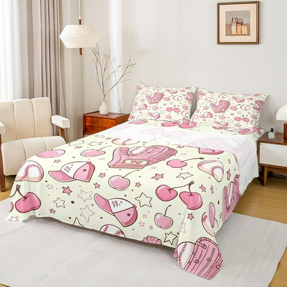 Manfei Cartoon Baseball Glove Twin Sheet Sets, Yellow Pink Twin Fitted Sheet, Kawaii Stars Cherry Print Flat Sheet, Lightweight Room Decor, 3-Piece