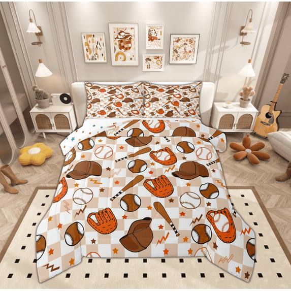 Manfei Cartoon Baseball Kids Bedding Comforter Set, Kawaii Stars Print Twin Comforter Sets, Buffalo Plaid Reversible Bedding Set, Microfiber Bedroom Decor, 2pcs
