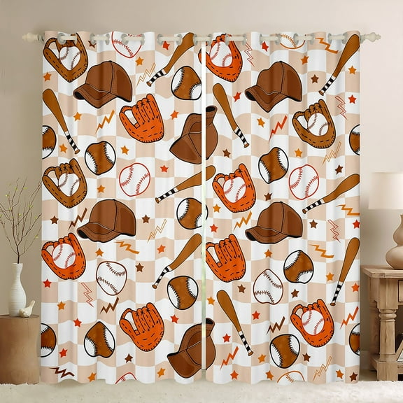 Manfei Cartoon Baseball Kids Black Out Curtains, Kawaii Stars Print Curtains Pack of 2 (42x63 Each), Buffalo Plaid Bedroom Curtains, Curtains and Drapes Bedroom Decor