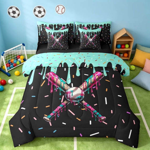 Manfei Cartoon Baseball King Bedding, Sport Ice Cream Drip King Bed in a Bag, Black Mint Pink, Black Reversible 7-Piece
