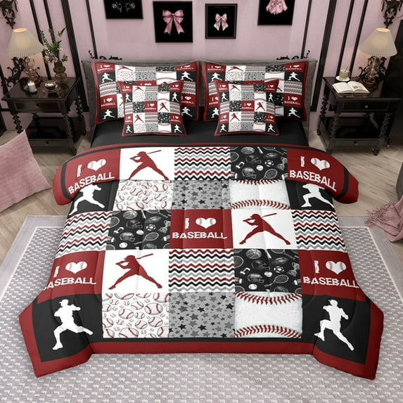 Manfei Cartoon Baseball Print 7 Pieces Bedding Comforter Set fo Kids, Ball Sports Lover Full Bedding Set, Black Red Stars Stipes Reversible Fitted Sheet Flat Sheet, Microfiber Bedroom Decor