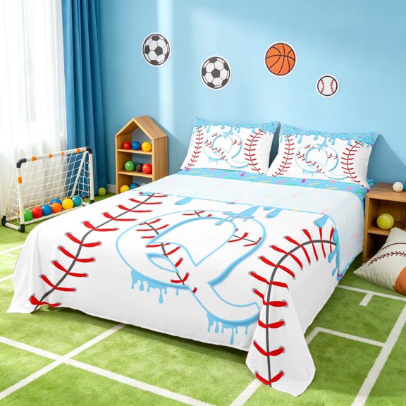 Manfei Cartoon Baseball Queen Sheets, Kawaii Personalized Initial QQueen Sheet Sets, Light Blue Q 4 Pieces(1 Flat Sheet, 1 Fitted Sheet and 2 Pillowcases)
