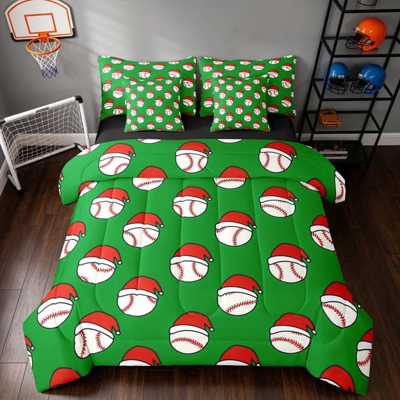 Manfei Cartoon Baseball Twin Bedding, Merry Christmas Bedding Comforter Set, Vivid Green Red, Black Reversible 7 Pieces