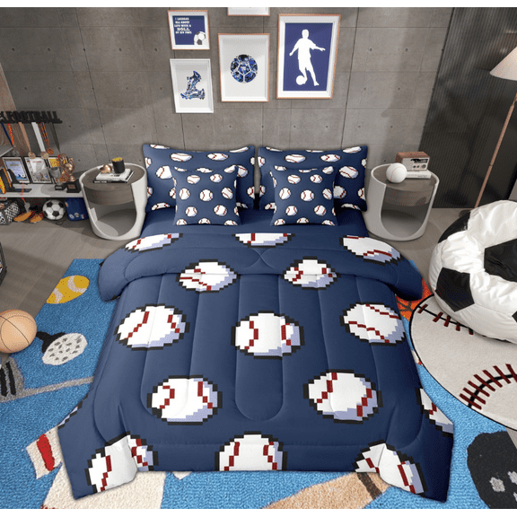 Manfei Cartoon Baseball Twin Bedding Sets 7-Piece for Teens, Sports Lover Bedding Comforter Set, Modern Ball Game Reversible Sheet Sets, Super Cozy Room Decor