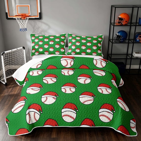 Manfei Cartoon Baseball Twin Quilt Set, Merry Christmas Twin Coverlet Set, Vivid Green Red, Black Reversible 2 Pieces, 1 Bedspread and 1 Pillowcase