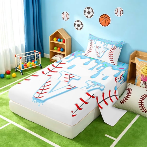 Manfei Cartoon Baseball Twin Sheets, Kawaii Letter VBedding, Light Blue V 3pcs(1 Flat Sheet, 1 Fitted Sheet and 1 Pillowcase)