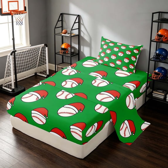 Manfei Cartoon Baseball Twin Sheets, Merry Christmas Bedding, Vivid Green Red 3 Pieces(1 Flat Sheet, 1 Fitted Sheet and 1 Pillowcase)