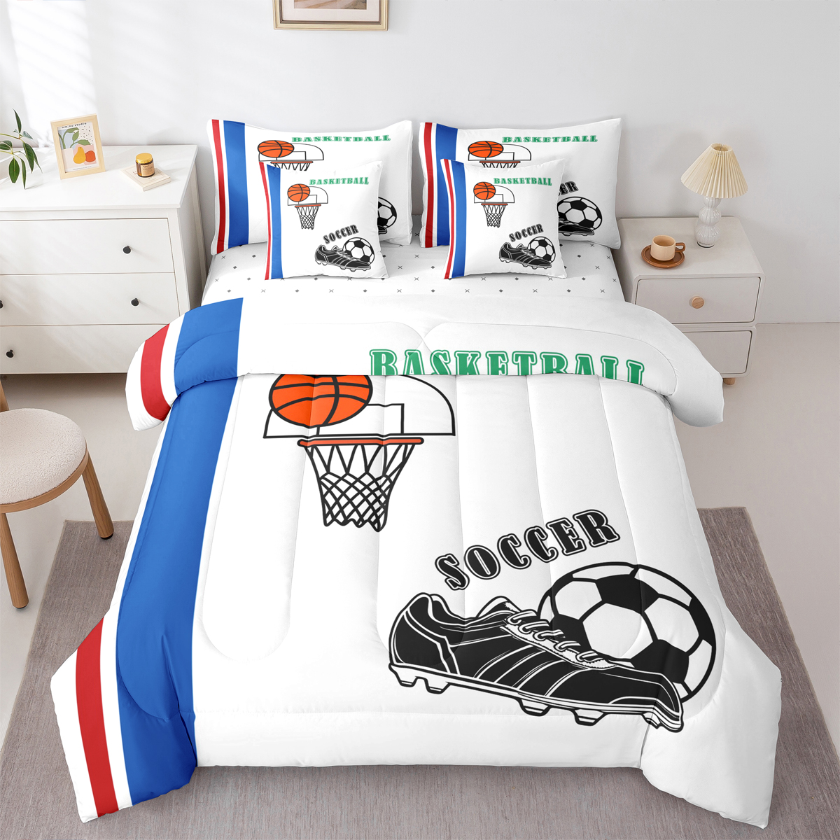 Manfei Cartoon Basketball Child Twin Bedding Sets 7-Piece, Blue Red ...