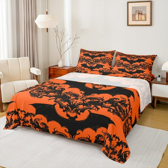 Manfei Cartoon Bat Animal Queen Sheet Sets for Kid, Western Damask Flower Flat Sheet, Vintage Bohemian Queen Fitted Sheet, Breathable Home Decor, 4pcs