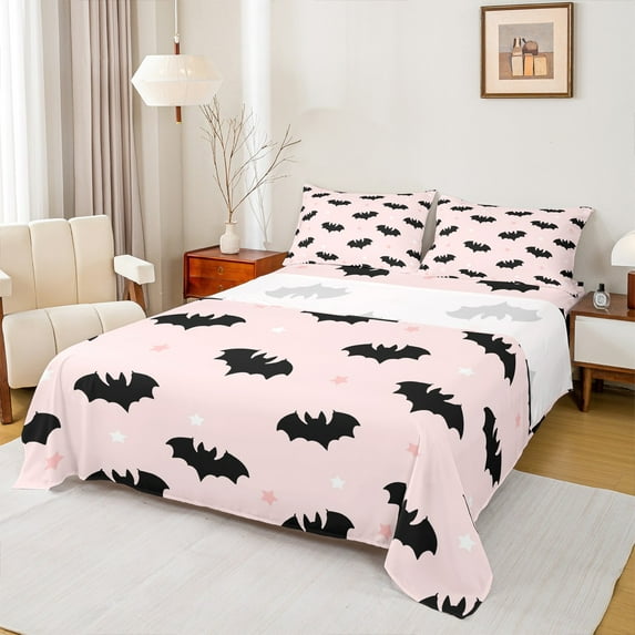 Manfei Cartoon Bats Bed Sheets,Happy Halloween King Sheets,Pink Black Sheet Set For Girls Boys,Ultra Soft Home Decor,4pcs