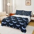 thumbnail image 1 of Manfei Cartoon Bats Print Queen Sheet Sets 4-Piece for Kids, Happy Halloween Theme Flat Sheet, Black Blue Geometric Stripe Queen Fitted Sheet, Super Cozy Bedroom Decor, 1 of 7