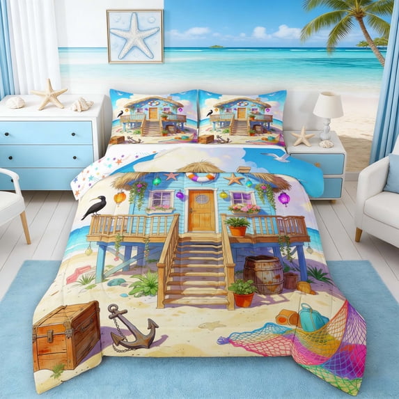 Manfei Cartoon Beach Hut Full Size Comforter Sets for Kids Boys and Girls, Coastal Sailing Print Bedding Sets, Stars Reversible 3-Piece, 1 Comforter and 2 Pillowcases
