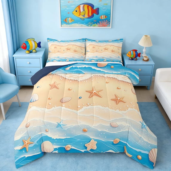 Manfei Cartoon Beach Seashell Starfish Full Size Comforter Sets for Kids Boys and Girls, Nautical Marine Print Bedding Sets, Navy Reversible 3-Piece, 1 Comforter and 2 Pillowcases