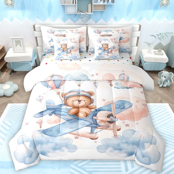 Manfei Cartoon Bear 7-Piece Twin Bedding Sets,Watercolor Aircraft Airplane Bedding Comforter Set,White Blue Brown Sheet Sets For Girls,Breathable Home Decor Reversible
