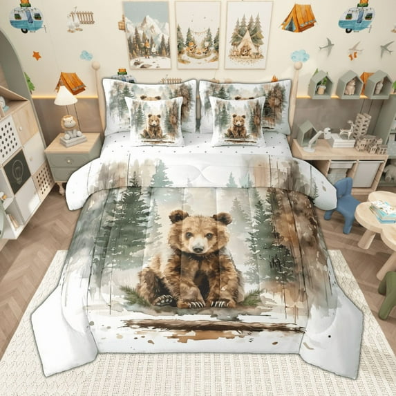Manfei Cartoon Bear Bedding Comforter Set 7 Pieces for Girls, Watercolor Jungle Wildlife Queen Bedding Sets, Green Pine Tree Queen Sheet Sets, Super Cozy Room Decor
