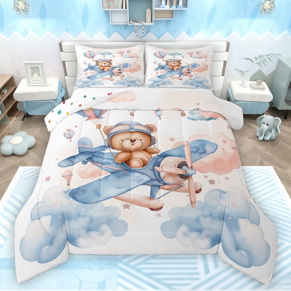 Manfei Cartoon Bear Bedding Comforter Set,Watercolor Aircraft Airplane Twin Comforter Sets,White Blue Brown Bedding Set For Girls,Breathable Home Decor Reversible,2-Piece